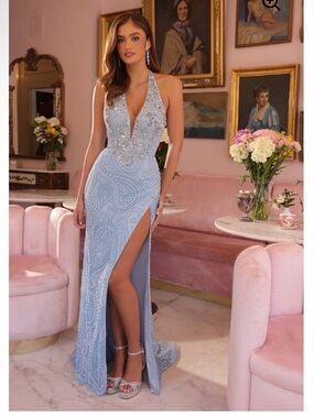 Ava Presley 47049 - Beaded Halter Neck Gown with Slit